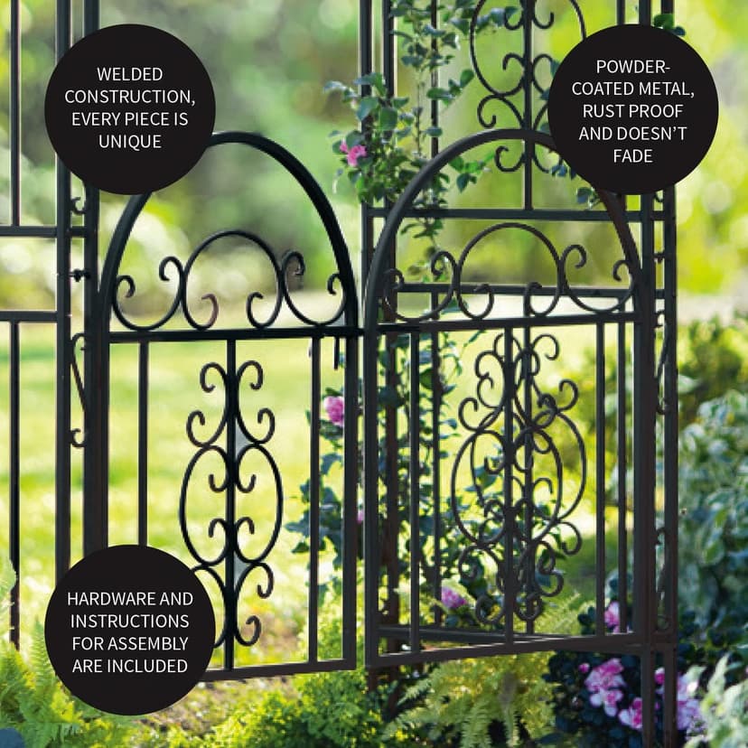 Plow & Hearth Arch Metal Outdoor Garden Arbor Double Gate | Montebello | 7 Feet Tall | Gunmetal Black | Trellis Lattice Climbing Plants