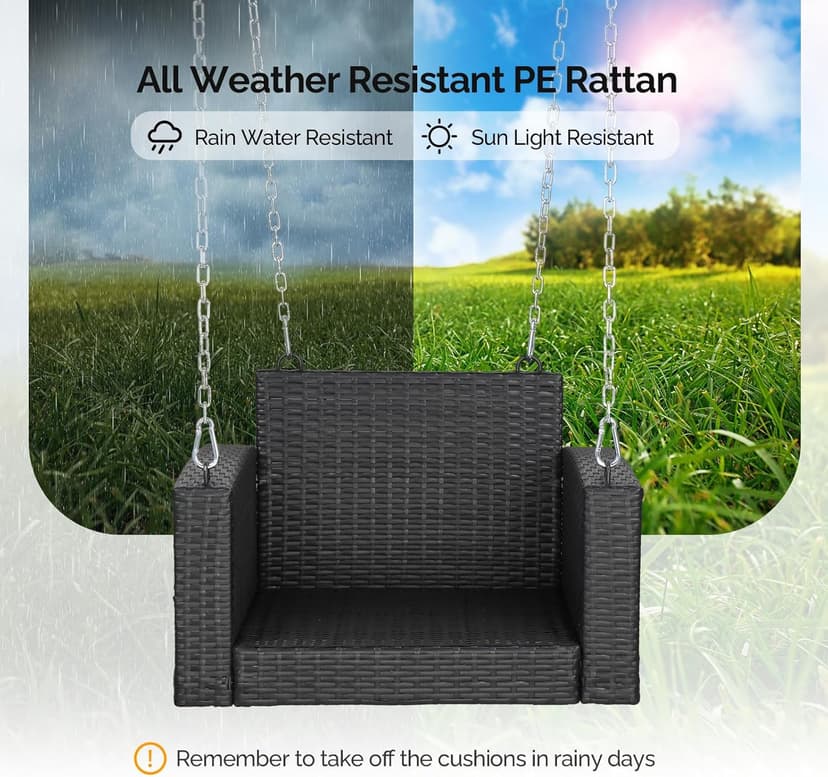 VINGLI 2.2 FT 1-Person Use Rattan Porch Swing Outdoor Support 440 LBS with Cushions & Adjustable Chains, Patio Wicker Swing Bench Chair for Garden, Yard, Lawn, Tree, Black