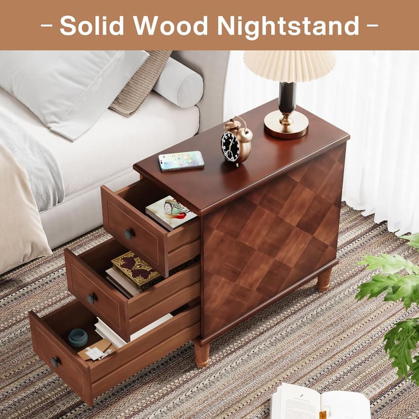 Tribesigns Solid Wood End Table, Fully Assembled Narrow Side Table with Drawers, Pre-Assembled Nightstand Slim Bedside Table for Small Spaces, Living Room, Bedroom, Brown