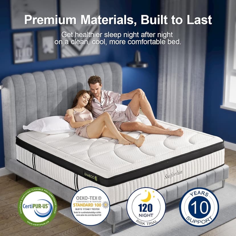 Suiforlun Queen Mattress, 14 Inch Euro Top Gel Memory Foam and Pocket Coils Innerspring Hybrid Mattress Queen with 7 Premium Layers, Targeted Support, Medium Firm, 120 Nights Trial, 60"*80”