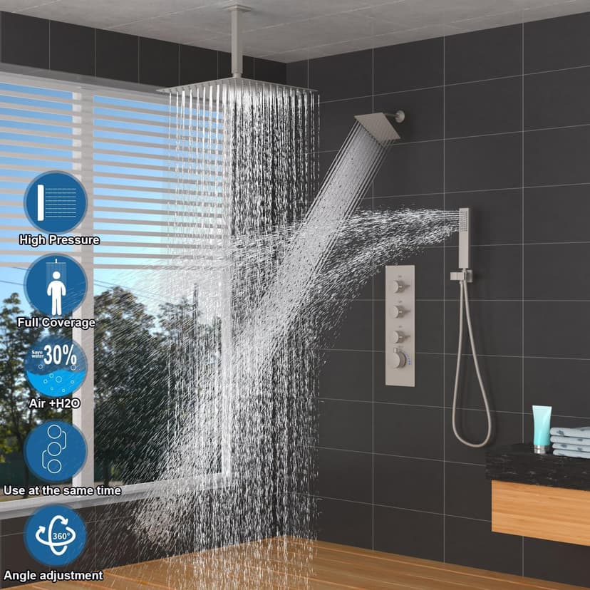 Enga Thermostatic Dual Head Shower System, 16" + 6" Dual Rainfall Shower System (Can All Run Together & Volume Adjustable) Dual Shower Head Combo Set, Brushed Nickel