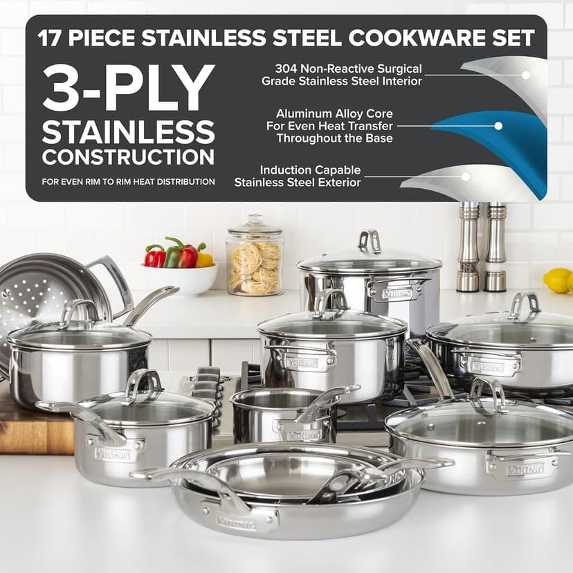 Viking 3-Ply Pots and Pans Set, 17 Piece Stainless Steel Cookware Glass Lids, Steamer Insert, Silver