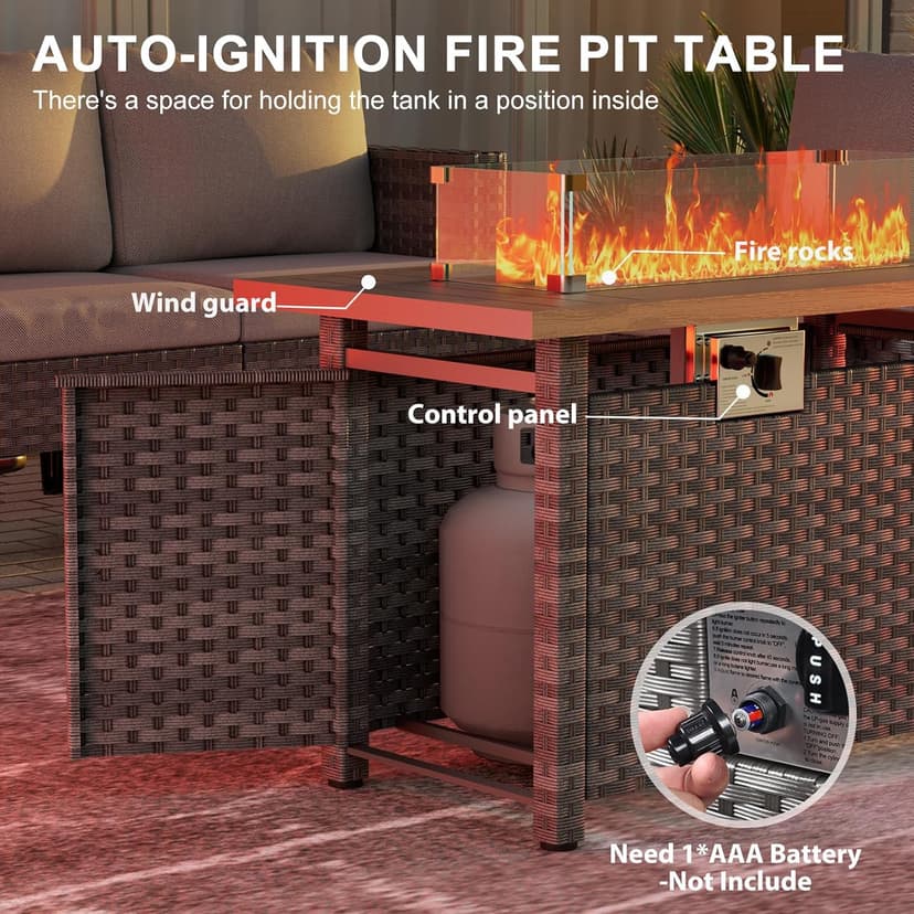 Fire Pit Table with Wind Guard for Outdoor, Auto-Ignition Propane Gas Firepits Rattan Rectangular Table for Outside Patio 60,000 BTU, Gray