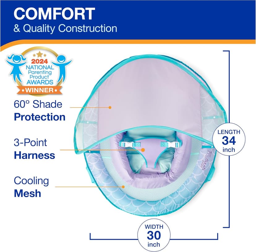 Swimways Infant Spring Float, Baby Pool Float with Canopy & UPF Protection, Swimming Pool Accessories for Kids 3-9 Months, Mermaid