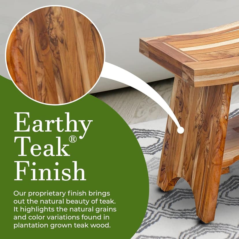 EcoDecors 18 Inch Serenity 300 Pound Capacity Waterproof Teak Wood Shower Bench Stool Seat Chair For Inside Shower Storage Shelf Provides Safety, and Storage, For Bathroom Accessories Natural Color