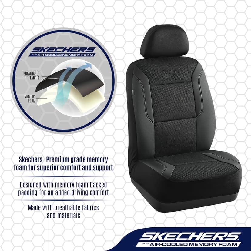 Skechers Memory Foam Leather Car Seat Covers, Air Cool Mesh Thick Seat Covers, Two Front car seat Protector, Airbag Compatible, Automotive Comfort Protection for Most Cars, Vans, Trucks, SUV (Black)