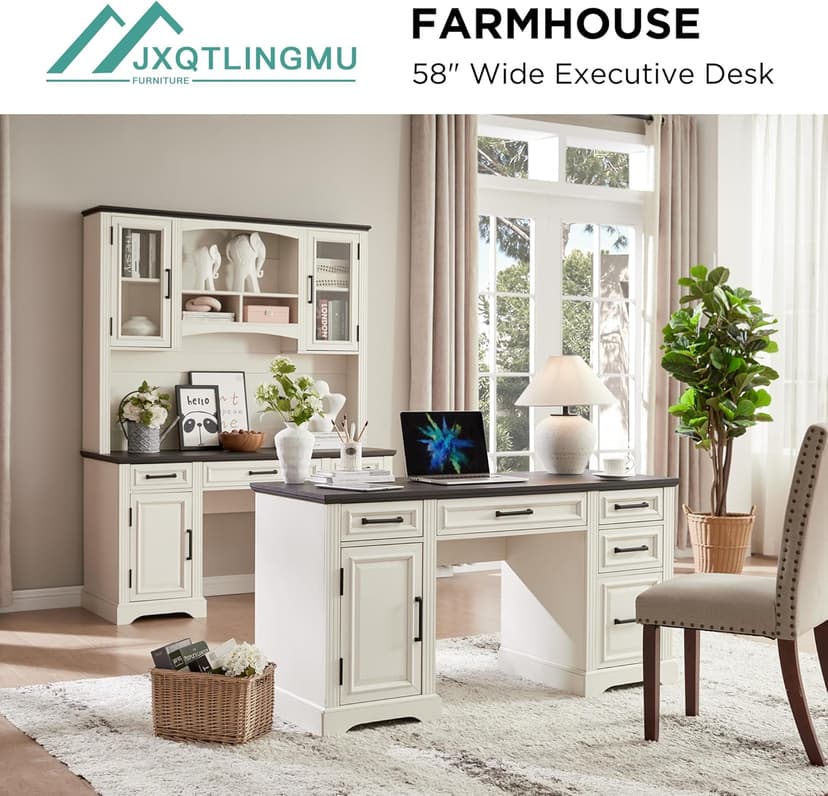 JXQTLINGMU 58" Executive Desk, Farmhouse Computer Desk with Drawers and Cabinet, Embossed Texture Home Office Desk w/Charging Station, Workspace for Work Study Writing, Off White