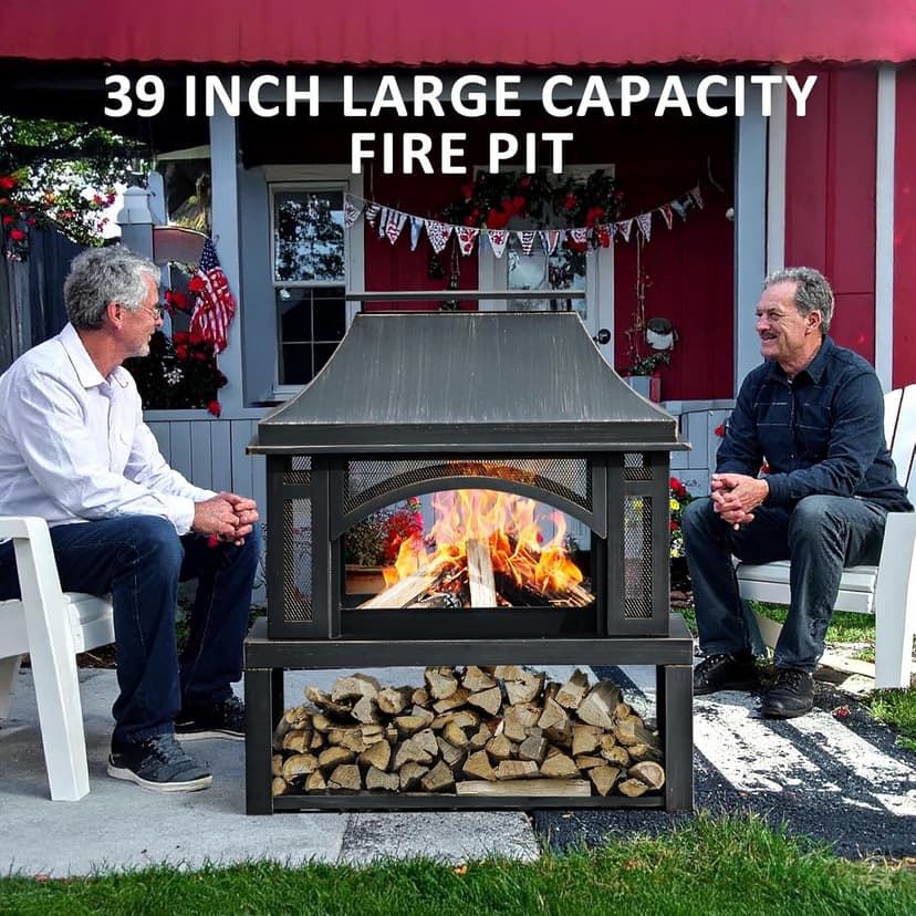 39" Fire Pits with Wood Storage for Outside, Large Wood Burning Outdoor Fireplace with Chimney, Mesh Spark Screen & Fire Poker, Idea for Backyard, Patio, Party, Camping, Picnic