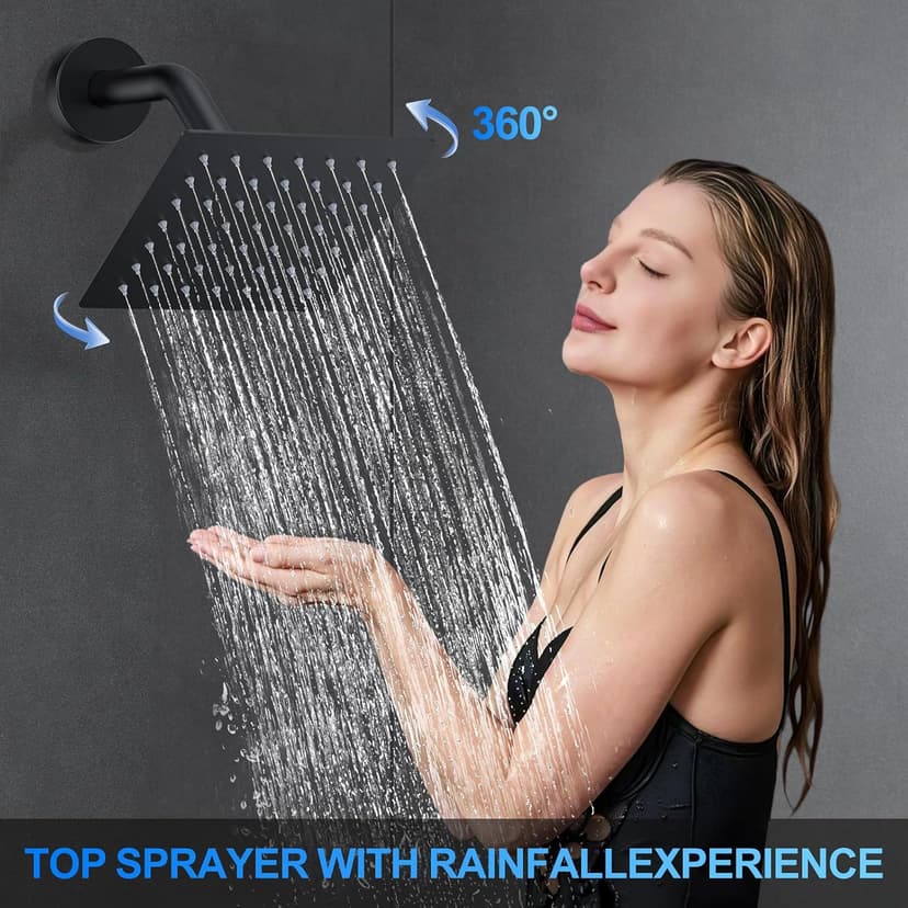 Shower Faucet Set, 12" Ceiling Mount Rainfall Shower System with 2 Rain Shower Head and Multi-function Handheld Head Push Button Diverter Shower Faucet Trim Kit (12", Matte Black)