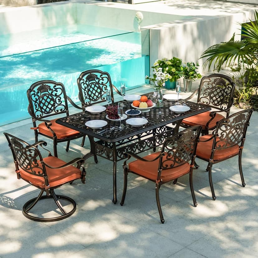 7-Piece Patio Furniture Dining Set, All-Weather Cast Aluminum Outdoor Table and Chairs for 6, Includes 4 Fixed Chairs & 2 Swivel Chair & 60’’ Rectangular Dining Table, Red