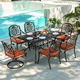 7-Piece Patio Furniture Dining Set, All-Weather Cast Aluminum Outdoor Table and Chairs for 6, Includes 4 Fixed Chairs & 2 Swivel Chair & 60’’ Rectangular Dining Table, Red