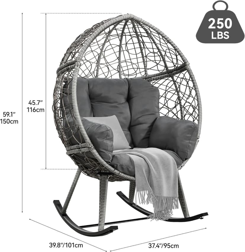 YITAHOME Wicker Rocking Egg Chair, Outdoor Patio Rocking Chair with 5.9in Thick Cushion, 250lb Capacity, Anti-Slip, All-Weather Resilient Egg Lounger Chair for Indoor & Outdoor, Grey(1 Pack only)