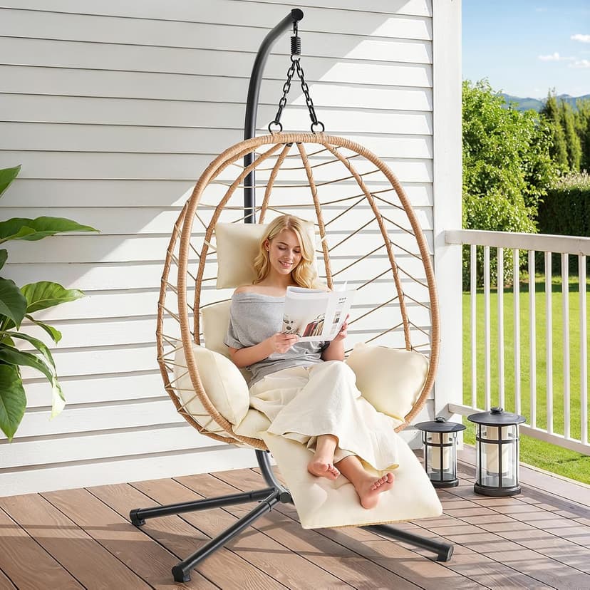 Hanging Egg Chair with Adjustable Footrest & Stand, Wicker Rattan Swing Hammock Chair with Cushion & Double Chains, 350LBS Capacity for Outdoor & Indoor Patio, Deck, Bedroom, Balcony (YE-BE)