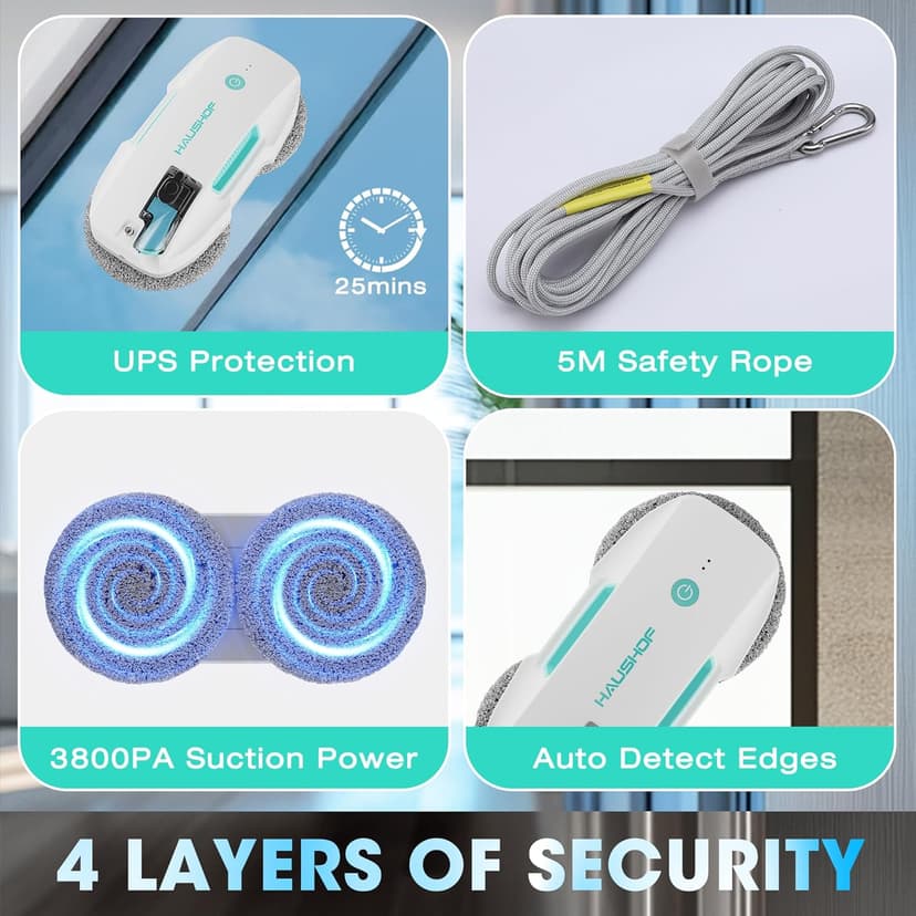 HAUSHOF Robot Window Cleaner with 3800Pa Suction, Auto Water Spray, AI Path Planning & Edge Detection, Remote Control for High-Rise Window, Glass Door