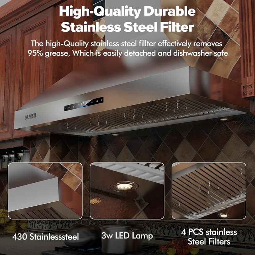 Wall Mount Range Hood 48 inch, 1200 CFM Kitchen Vent Hood, Stainless Steel Filters,4 Speed Gesture Sensing&Touch Control Panel, Stainless Steel Kitchen Vent