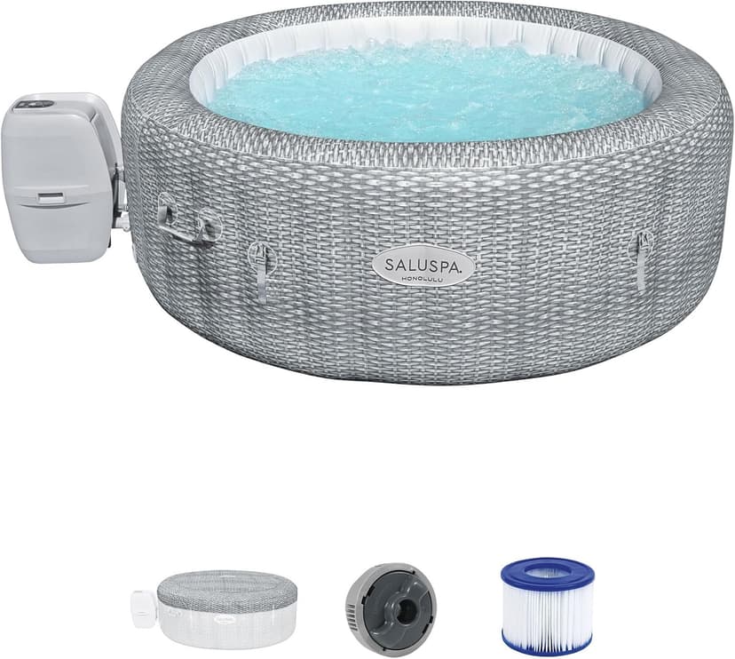 Bestway SaluSpa Honolulu AirJet Large Round 4 to 6 Person Inflatable Hot Tub Portable Outdoor Spa with 140 AirJets and EnergySense Cover, Grey
