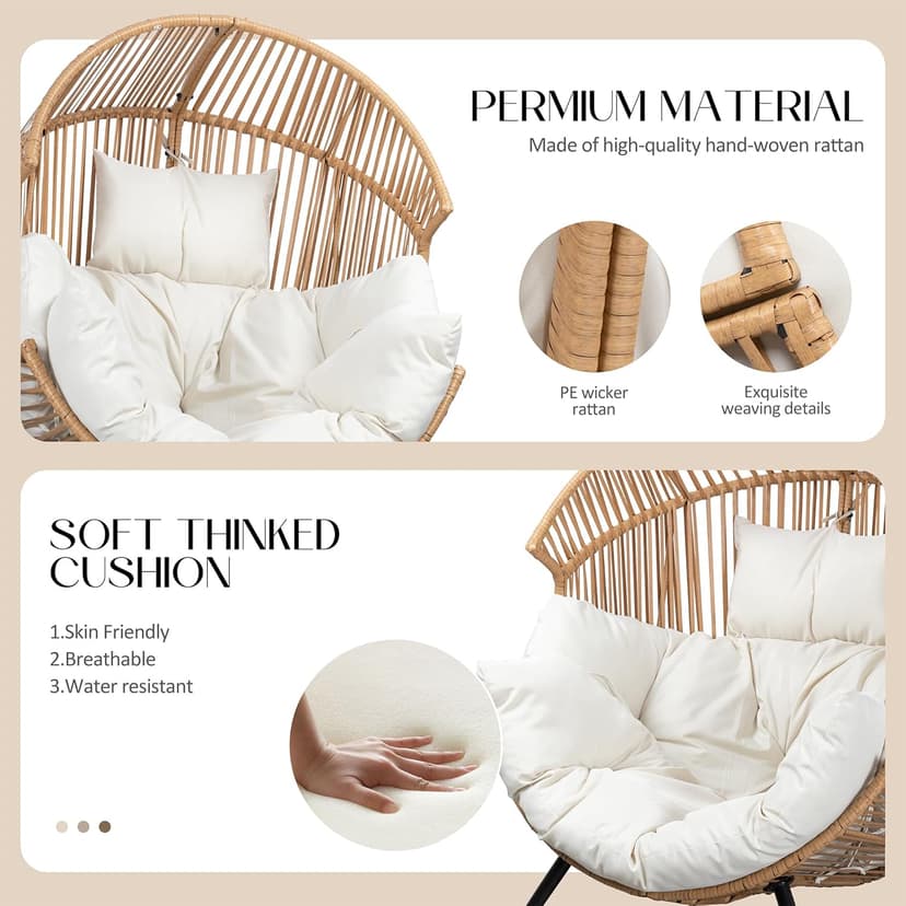 JAMFLY Egg Chair Wicker Outdoor Chairs, Oversized Patio Chair Oversized Lounger Chair with Cushion for Indoor Living Room, Bedroom, Outside Patio Backyard Balcony, Beige