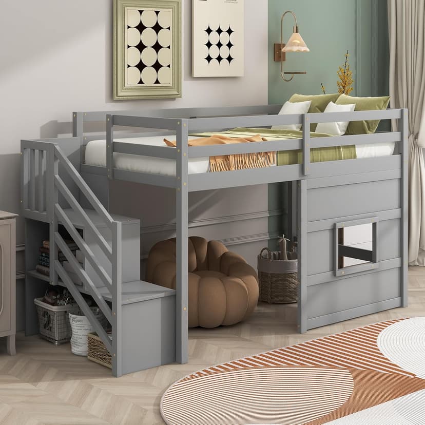 SOFTSEA Low Loft Bed with Stairs, Twin Size Loft Bed with Storage Staircase and Window, Kids Low Loft Bed Frame with Playhouse for Teens Juniors, No Box Spring Needed, Grey