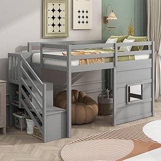 SOFTSEA Low Loft Bed with Stairs, Twin Size Loft Bed with Storage Staircase and Window, Kids Low Loft Bed Frame with Playhouse for Teens Juniors, No Box Spring Needed, Grey