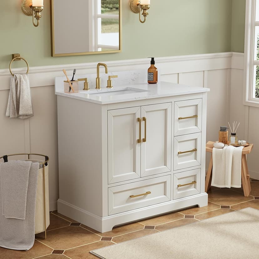 36 Inch Bathroom Vanity with Sink, Solid Wood Frame with Engineered Marble Top, Fully Assembled Storage Cabinet with 2 Soft-Closing Doors & 4 Drawers, Backspalsh, Greige