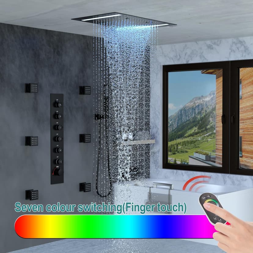 HOMEDEC LED Multi Functions Full Body Shower System with 6pcs Body Jets Spray with（Up/Down ）Shower Spout, Large 3 In 1 Functions 14x20inch Showerhead, Rainfall Mist Shower Faucet Set Complete, Black