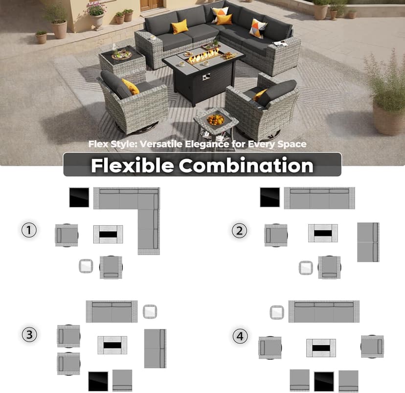 ovios 10 Pieces Patio Furniture Set, Outdoor Wicker Sectional Sofa with 42" Fire Pit Table Swivel Chairs, Modern Modular Deep Seat Rattan Couch Conversation Sets, Black