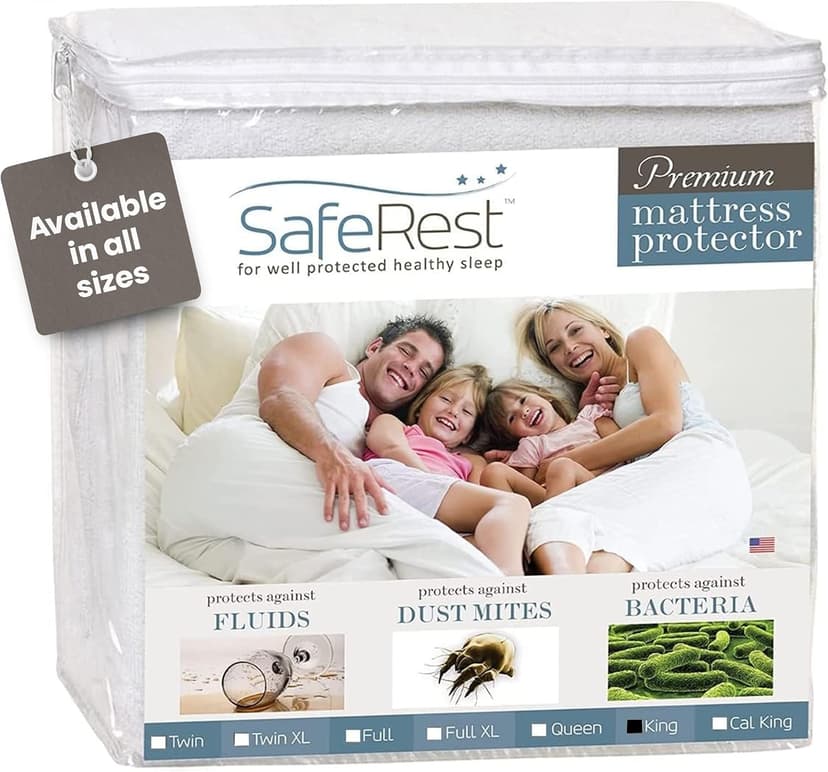 SafeRest Waterproof King Size Mattress Protector - Fitted with Stretchable Pockets - Machine Washable Cotton Mattress Cover for Bed