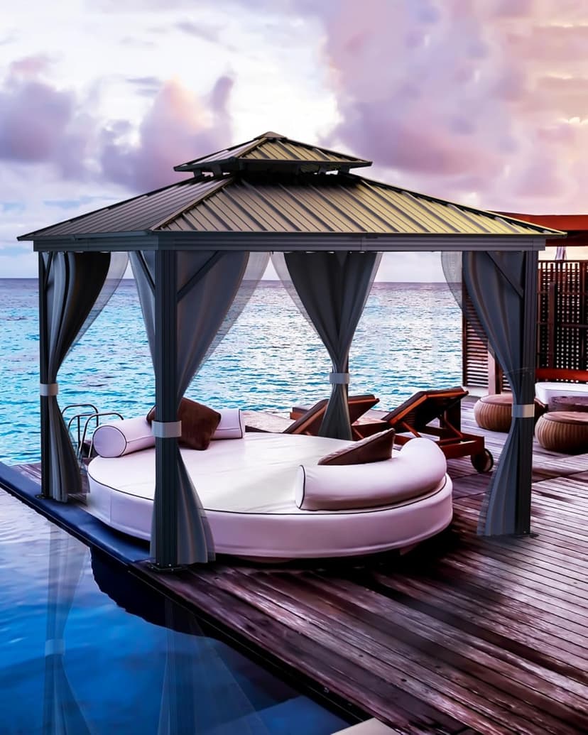 10 ft x10 ft Hardtop Gazebo for All Weather, with Double Metal Roof, Aluminum Alloy Frame, Net, and Curtain, Heavy Duty Building for Patio, Deck, Backyard, Lawn, and Garden, Gray