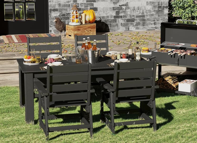 GREENVINES 7-Piece Outdoor-Dining-Set | HDPE Plastic 67'' Table and Chairs Sets for 6 | Patio Furniture | All Weather | Umbrella Hole | Black | for Poolside Garden Backyard