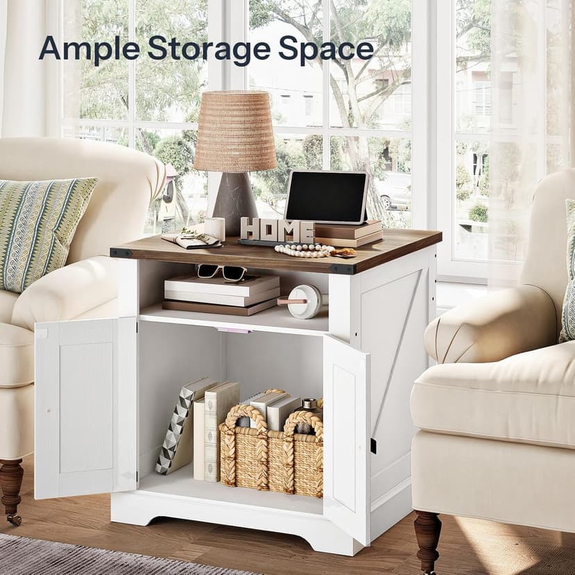 HOOBRO Farmhouse End Table with Charging Station, 23.6" Large End Tables for Living Room, Sofa Side Table with Barn Door, Wooden Square Nightstand Bedside Table, Flip Top, White and Walnut WH601UBZ01