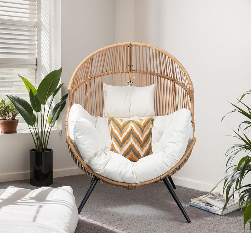 JAMFLY Egg Chair Wicker Outdoor Chairs, Oversized Patio Chair Oversized Lounger Chair with Cushion for Indoor Living Room, Bedroom, Outside Patio Backyard Balcony, Beige