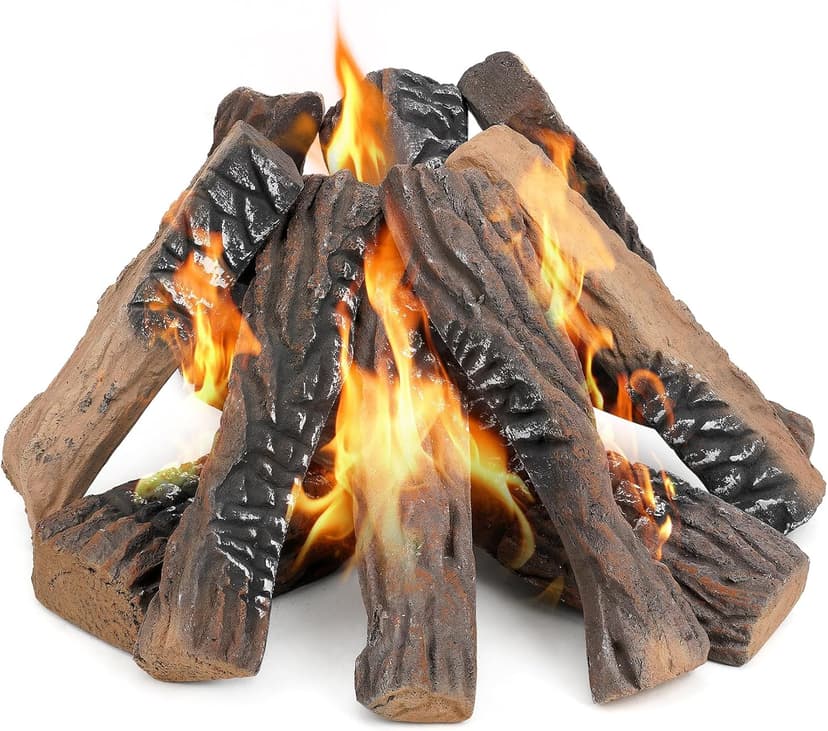 Stanbroil Large Ceramic Gas Logs, 10 Piece Set of Decoration Ceramic Wood Logs for All Types of Ventless, Gel, Ethanol, Electric, Gas Inserts, Propane, Indoor or Outdoor Fireplaces & Fire Pits