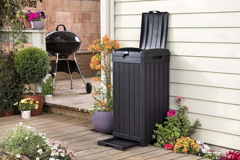 Keter Baltimore Resin 38 Gallon Outdoor Kitchen Trash Can with Lid and Drip Tray for Easy Cleaning-Perfect for Patio Dining, Black