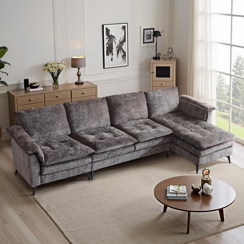 VINGLI 129'' Reversible Sectional Couches for Living Room,L-Shaped Couch Sofa Set with Chaise,Comfy Cloud Couches in Lattice Decored Seat Cushion with Double Pads, Grey