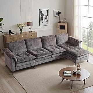 VINGLI 129'' Reversible Sectional Couches for Living Room,L-Shaped Couch Sofa Set with Chaise,Comfy Cloud Couches in Lattice Decored Seat Cushion with Double Pads, Grey
