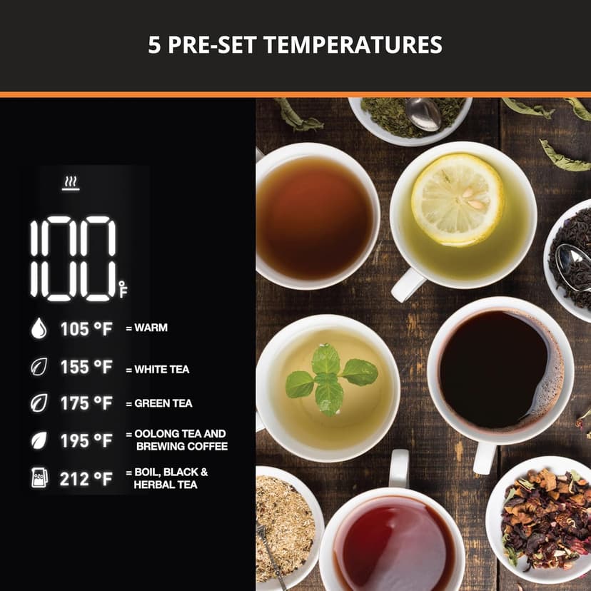 KRUPS Smart Temp Electric Kettle: 1.7L Capacity, 5 Precise Temperature Settings, Digital Display, Cool-Touch Exterior, Cordless Design for Tea and Coffee Lovers
