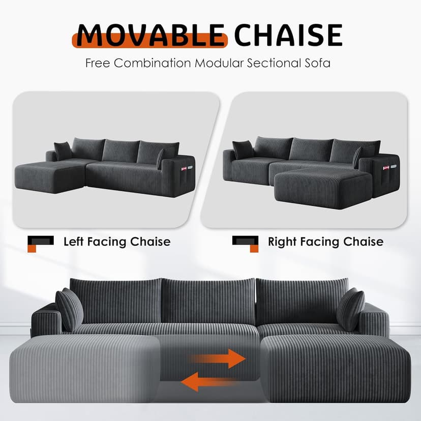 110”Modern Modular L-Shape Couch with Chaise, Modular Sectional Couches for Living Room, Deep Seat Boneless Sofa Bed, No Assembly Required Sleeper Sofa, Plush Corduroy Fabric, Dark Gray