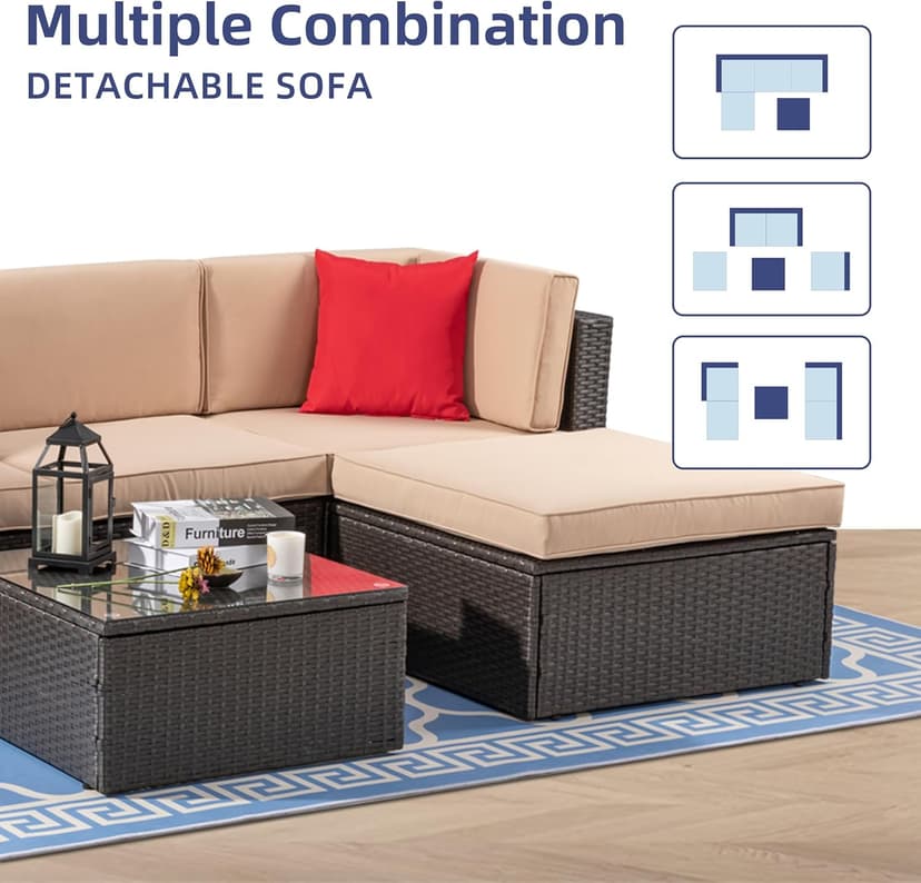 Vongrasig 5 Piece Patio Furniture Sets, All-Weather Brown PE Wicker Outdoor Couch Sectional Set, Small Conversation Set for Garden/Patio w/Ottoman, Glass Table, Red Pillow, Beige
