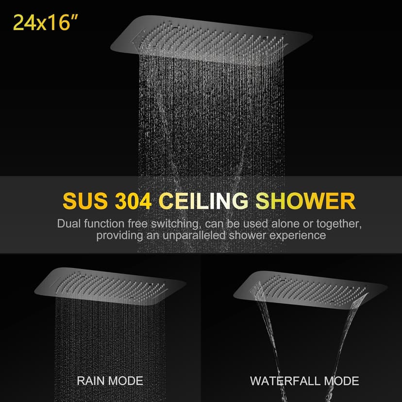 AYIVG Matte Black Thermostatic Rainfall Full Body Shower System With 2 In 1 Waterfall Rainfall Ceiling Mount 16 X 24 Inch Rain Shower Head 6 Jets Temperature Display Shower Faucet Set