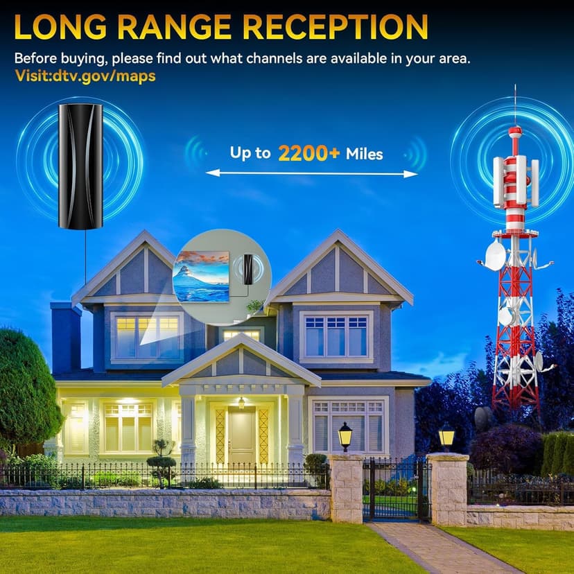2200+ Miles Range TV Antenna, Strongest Digital TV Antenna Indoor with Amplifier Signal Booster, Portable HDTV Antennas for Smart Tv and Old TVs for Local Channels-38ft Coax Cable-Support 8K 4K 1080p