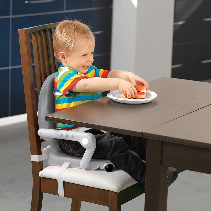 Chicco Pocket Snack Portable Booster Seat for Babies and Toddlers with 3 Height Adjustments, Secure Attachment to Dining Chairs, Easy-to-Clean, for Children up to 50 lbs. | Grey/Grey