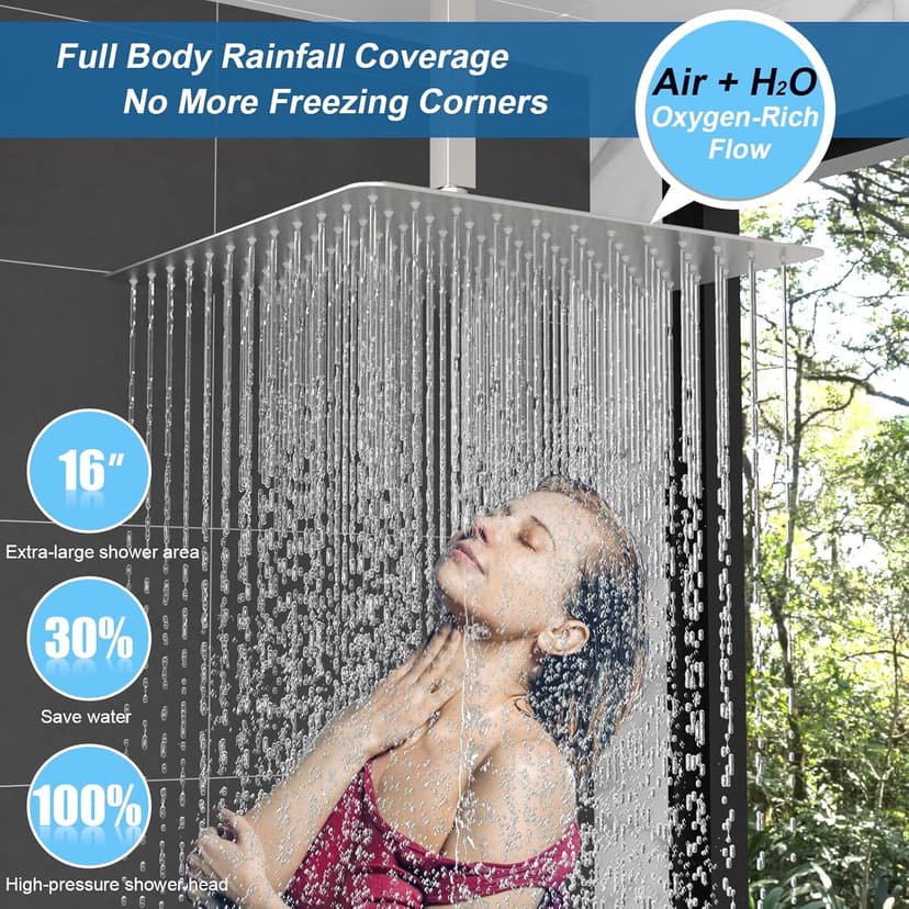 Enga Thermostatic Dual Head Shower System, 16" + 6" Dual Rainfall Shower System (Can All Run Together & Volume Adjustable) Dual Shower Head Combo Set, Brushed Nickel
