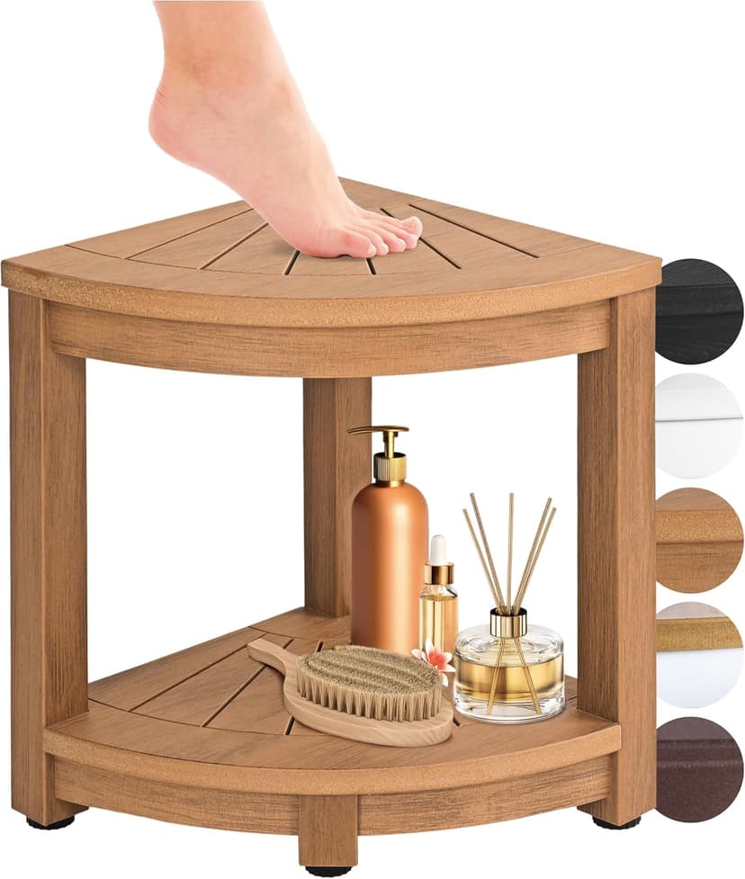 Waterproof Corner Shower Stool - Brown Waterproof Shower Bench for Shaving Legs & to Sit On - Easily Assembled Corner Bench & Shelf - Restroom Organizer - Bathroom Stool