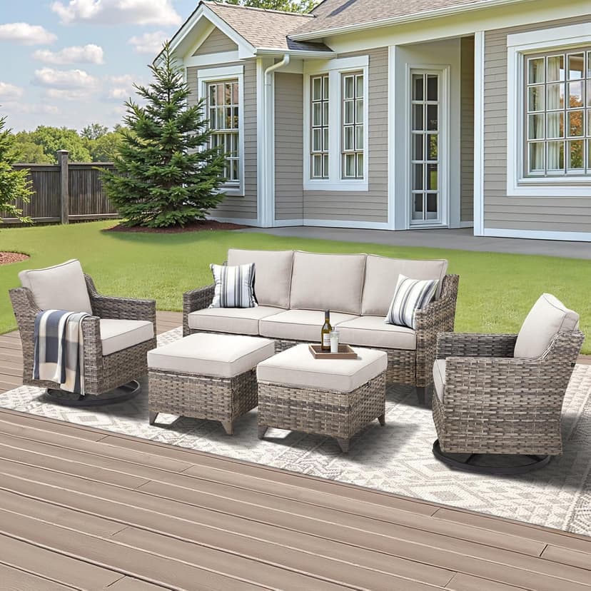 Outdoor Patio Furniture Set-5 Pieces All-Weather Wicker Outdoor Furniture with Swivel Patio Chairs Outdoor Patio Conversation Sets for Garden Porch Deck Grey/Beige