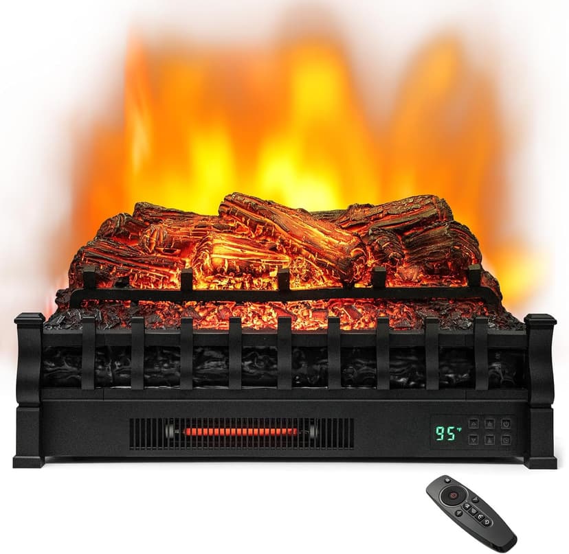 Tangkula 26” Infrared Quartz Electric Fireplace Log Heater with Realistic Pinewood Ember Bed, Electric Fireplace Heater Insert with Overheat Protection, Thermostat, 8H Timer, Remote Control, 1500W
