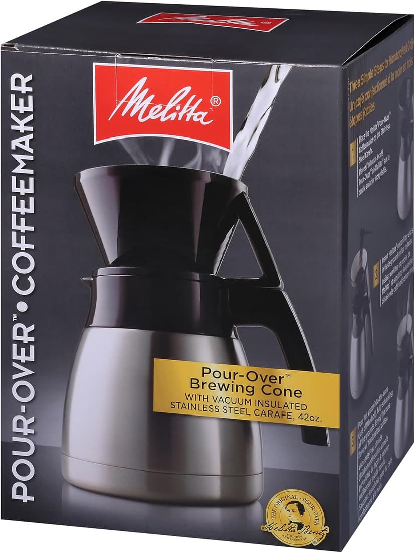 Melitta Pour-Over Coffee Brewer & Stainless Steel Carafe Set with Coffee Filters, 42 Ounce Set