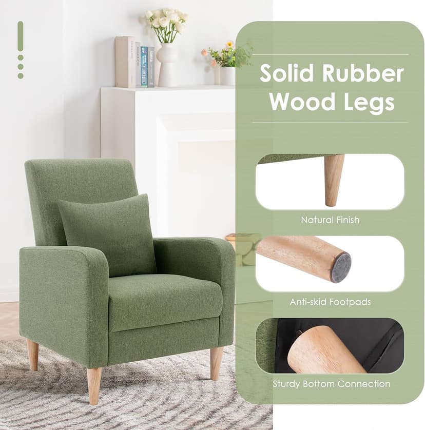 COLAMY Accent Living Room Chairs Set of 2, Upholstered Fabric Arm Chair Reading Side Chair with Back Pillow and Wood Legs, F-Green