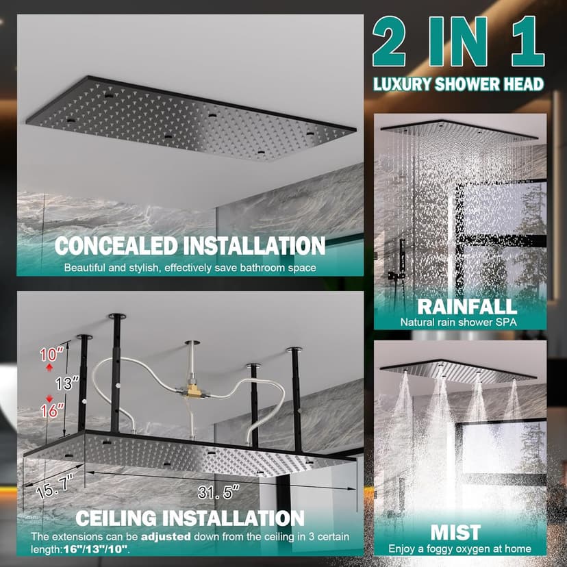HOMEDEC Luxury Matte Black Shower System, Multi Functions 15.7x31.5inch Mist Rain Shower Head System with Full Body Sprays Jets, Rainfall Ceiling Thermostatic Shower Faucet Set