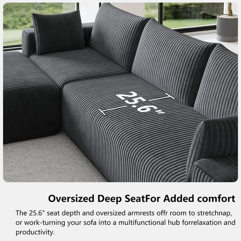 110”Modern Modular L-Shape Couch with Chaise, Modular Sectional Couches for Living Room, Deep Seat Boneless Sofa Bed, No Assembly Required Sleeper Sofa, Plush Corduroy Fabric, Dark Gray