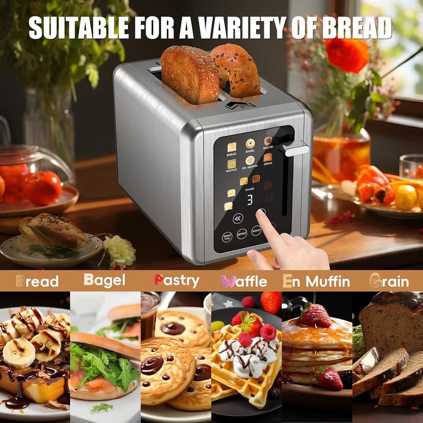 Touch screen Toaster 2 slice,Stainless Steel Digital Timer Toasters with Sound Function,6 Bread Types & 6 Shade Settings,Smart Extra Wide Slots Toaster with Bagel,Defrost Functions